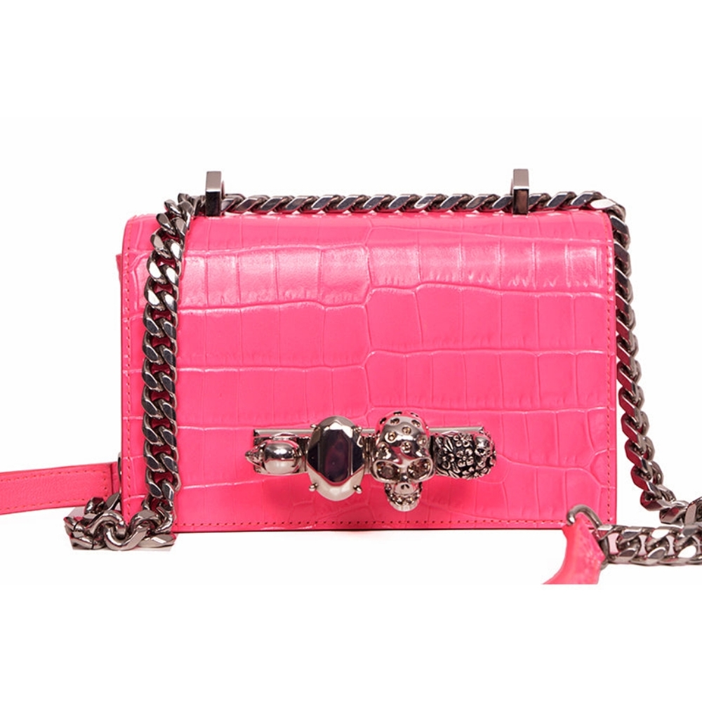 Alexander McQueen Croc Embossed Jeweled Knuckle Chain Flap Bag